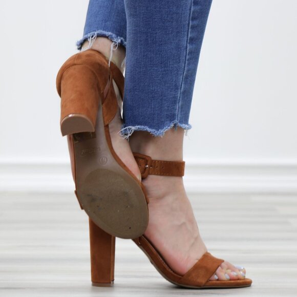 Faux Suede Open Toe Block High Heel Sandals - Picture 3 of 12